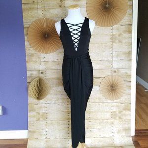 BLACK SILKY GODDESS / SLIT DRAPE DRESS